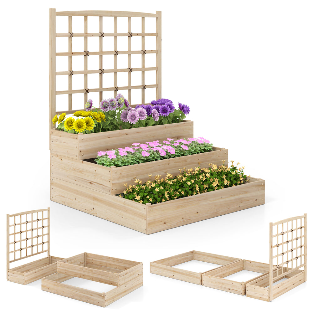 3-tier raised garden bed with lattice trellis, made of fir wood, ideal for flowers and climbing plants, promotes.