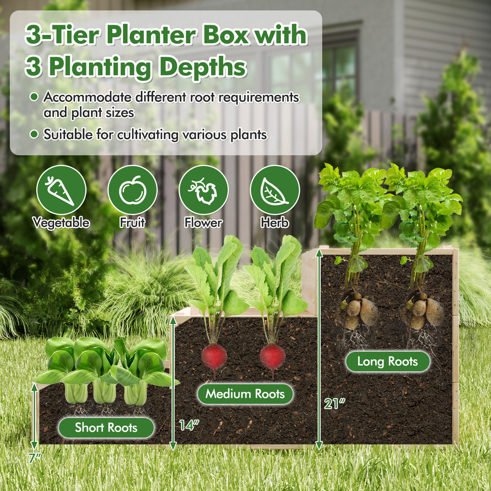 3-tier raised garden bed with lattice trellis, featuring varying depths for vegetables, flowers, and herbs.