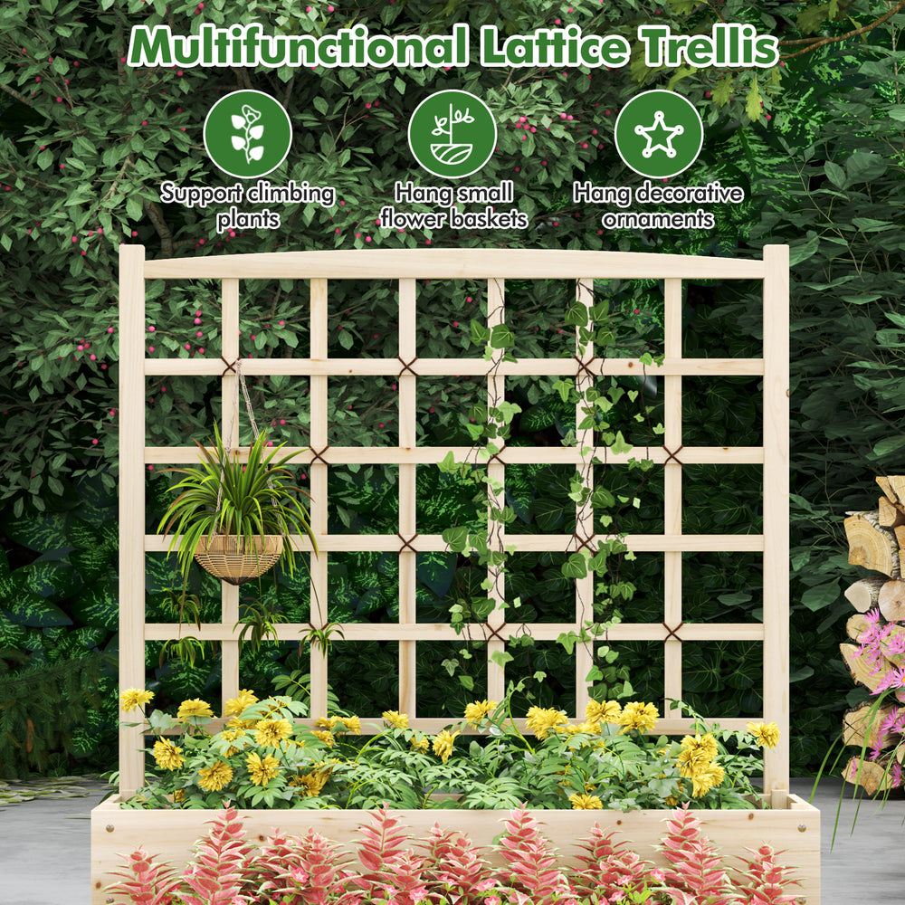 3-tier raised garden bed with lattice trellis, made of fir wood, ideal for climbing plants and hanging baskets.