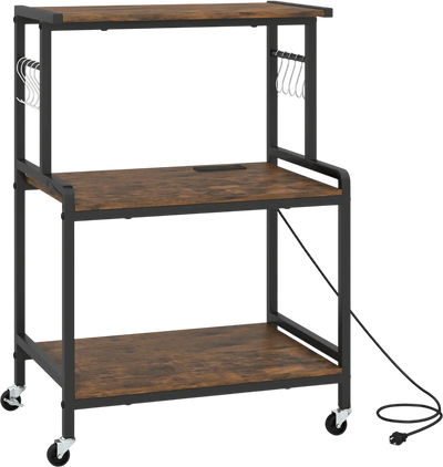 Costway 3-Tier Rolling Microwave Cart Kitchen Island w/ Power Outlet Lockable Wheels 10 Hooks 18031457 New