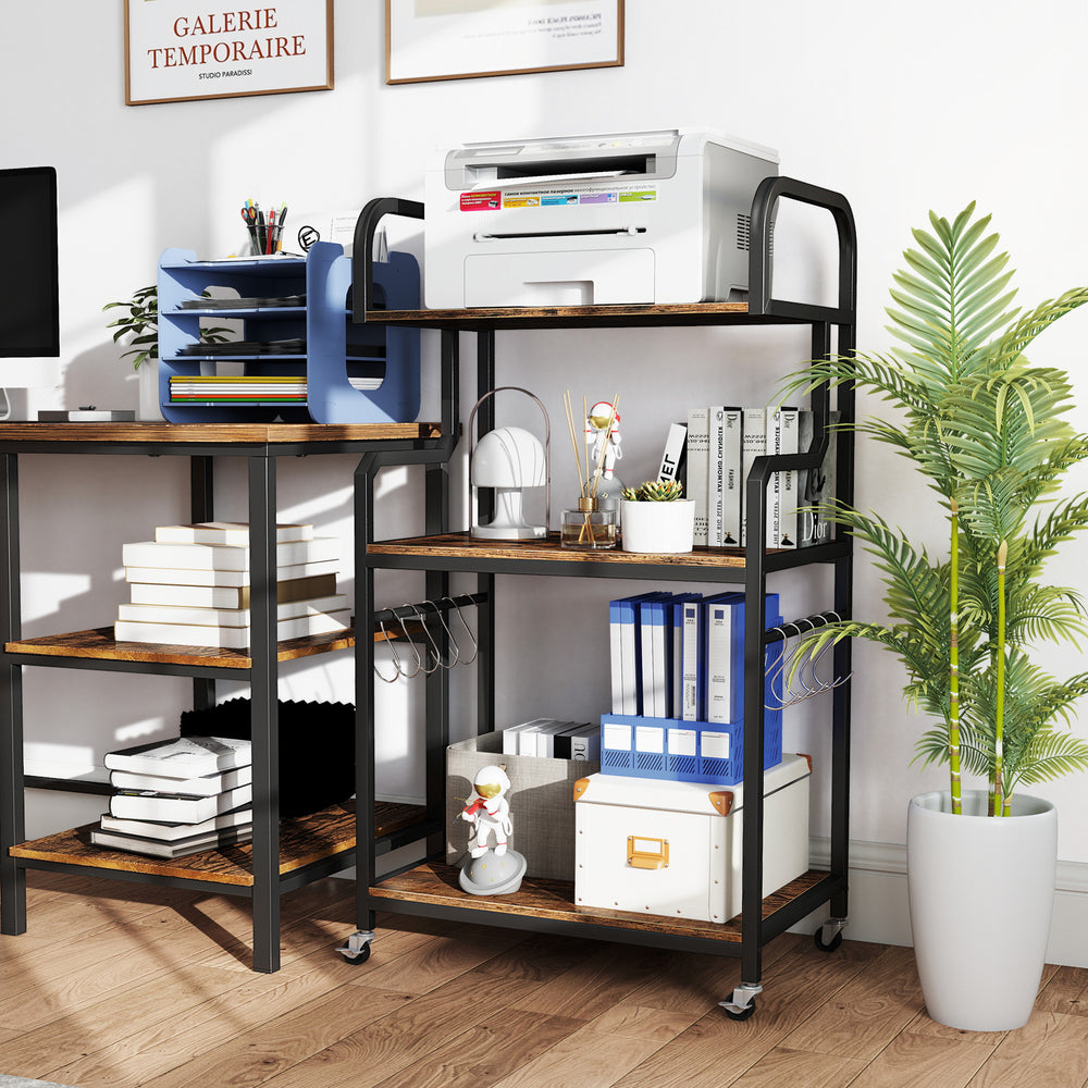 3-tier rolling printer stand with rustic brown shelves, metal frame, and hooks for organized storage in home office.