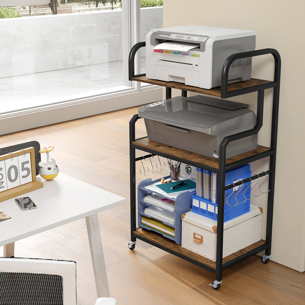 3-tier rolling printer stand in rustic brown with storage shelves, hooks, and wheels for home office organization.