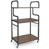 3-tier rolling printer stand with rustic brown wood shelves, metal frame, and hooks for organizing tools in home office.