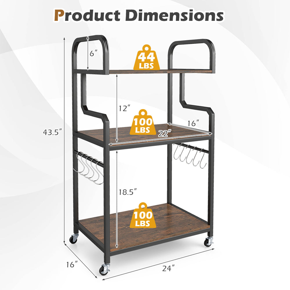 3-tier rolling printer stand in rustic brown with heavy-duty metal frame, featuring storage shelves and hooks for.
