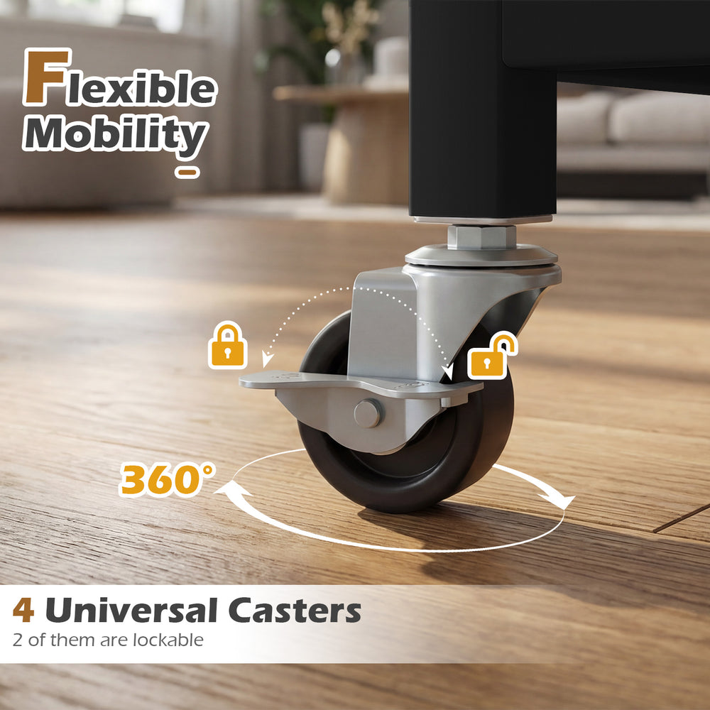 Close-up of a universal caster wheel on a rustic brown printer stand, featuring 360° mobility and two lockable wheels.