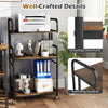 3-tier rolling printer stand in rustic brown with heavy-duty metal frame and anti-falling guardrail for home office use.