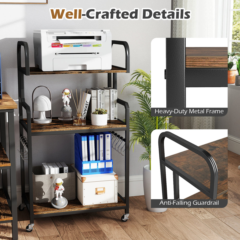 3-tier rolling printer stand in rustic brown with heavy-duty metal frame and anti-falling guardrail for home office use.