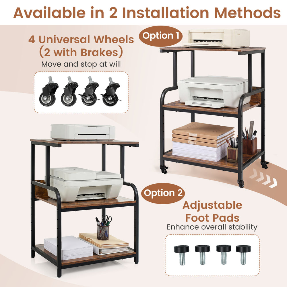 3-tier rolling printer stand in rustic brown with adjustable shelf, lockable wheels, and sturdy metal frame for office use.