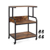 3-tier rolling printer stand in rustic brown with adjustable shelf and lockable wheels, ideal for home or office use.