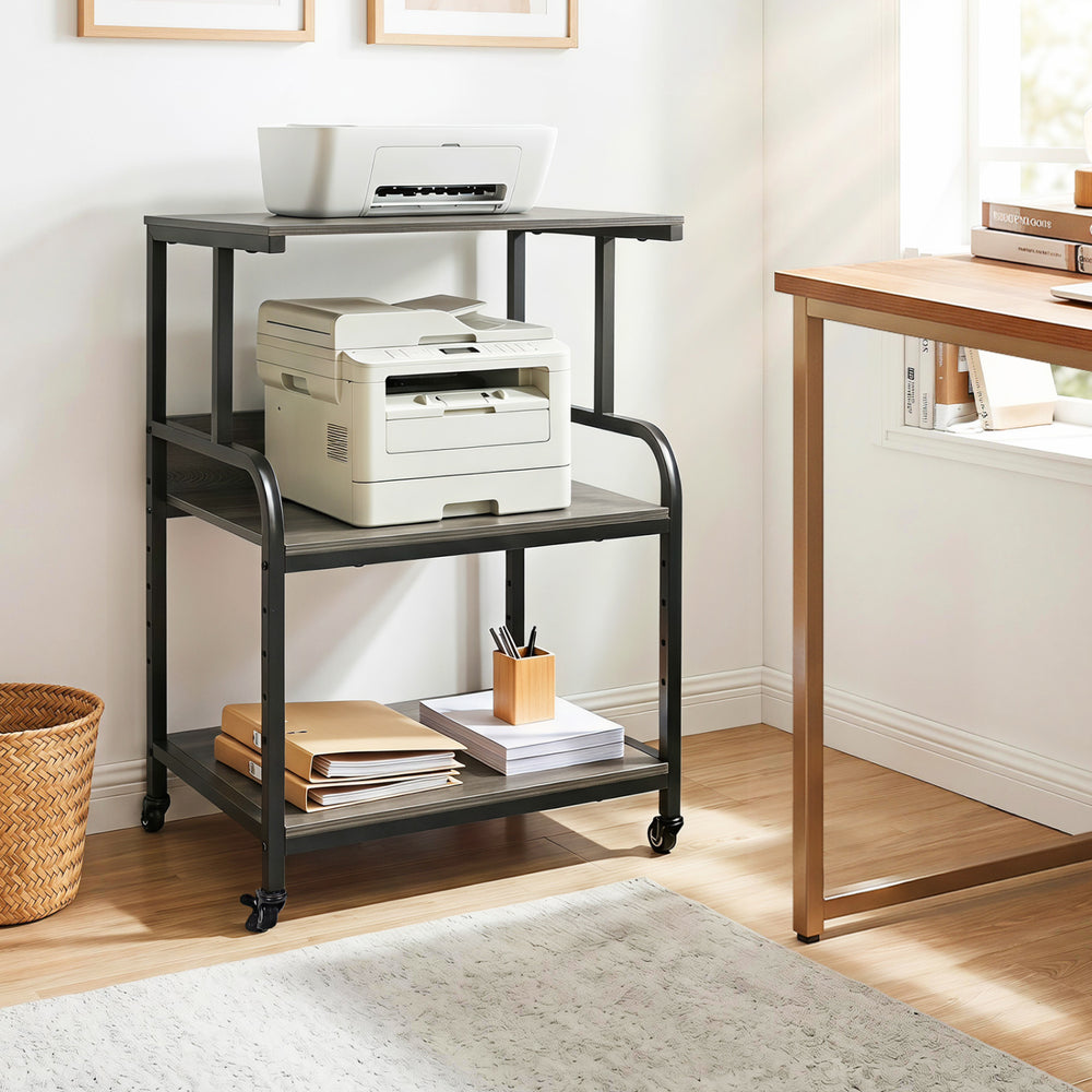 3-Tier Rolling Printer Stand with Adjustable Shelf and Lockable Wheels-Oak - Gallery View 1 of 10