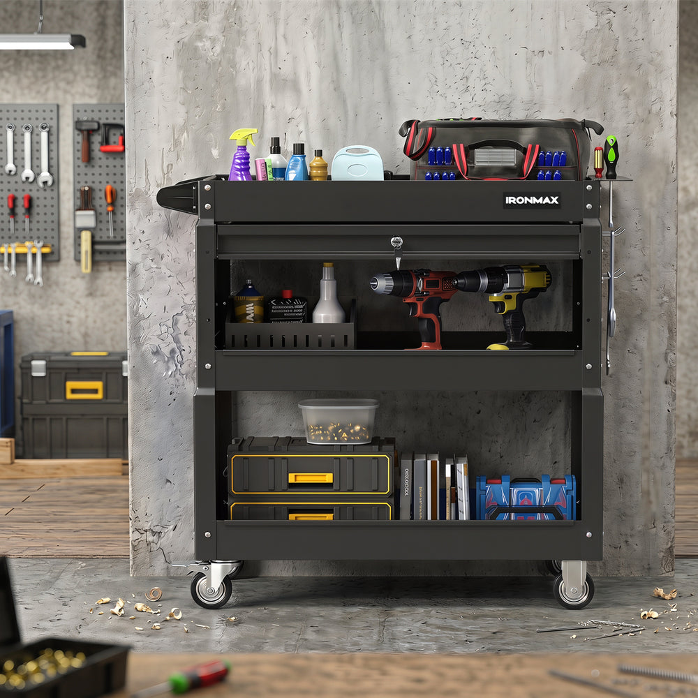 3-tier rolling tool cart in black with unique side slots for screwdrivers, ideal for organized workspace mobility and storage.