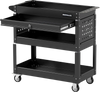 3-tier rolling tool cart in black features a lockable drawer, pegboards, and smooth-rolling casters for workshop mobility.