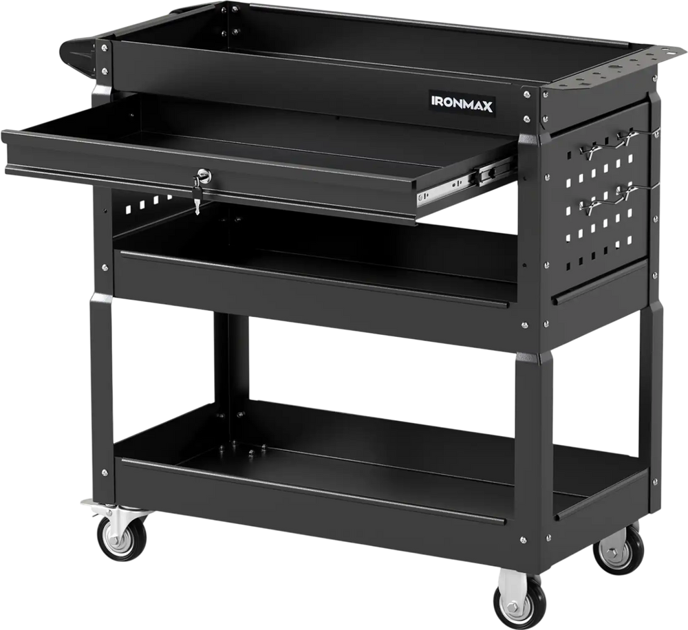 3-tier rolling tool cart in black features a lockable drawer, pegboards, and smooth-rolling casters for workshop mobility.