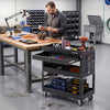 3-tier rolling tool cart in black with lockable drawer, pegboards, and side tool slots for efficient workshop organization.