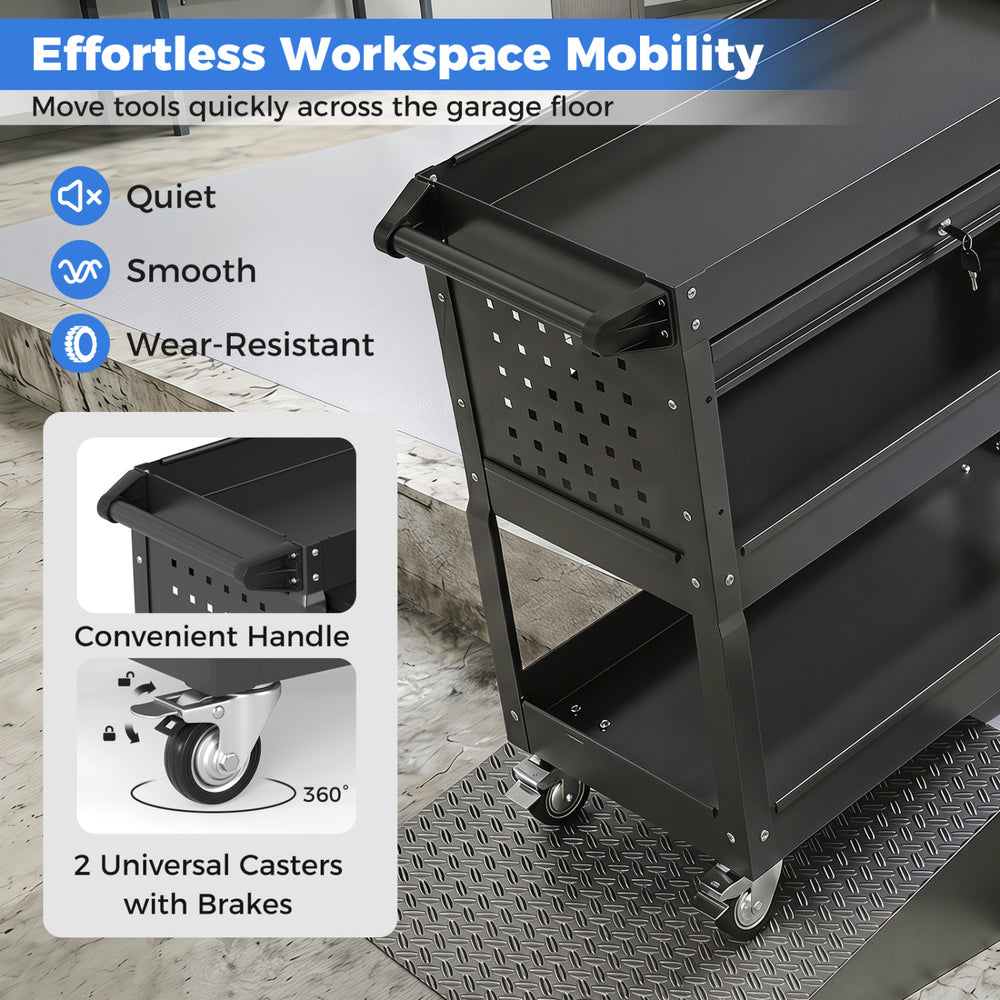 3-tier black rolling tool cart features a lockable drawer, pegboards, and smooth-rolling casters for effortless mobility.