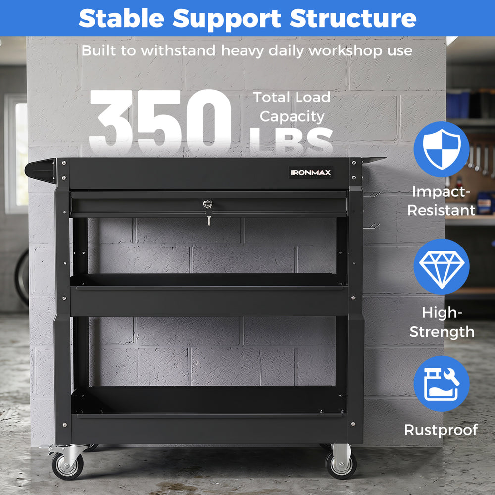 3-tier black rolling tool cart with lockable drawer, impact-resistant design, and 350 lbs capacity for garage and workshop use.