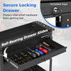 3-tier rolling tool cart in black with a lockable drawer and ball-bearing slides for secure storage in workshops.