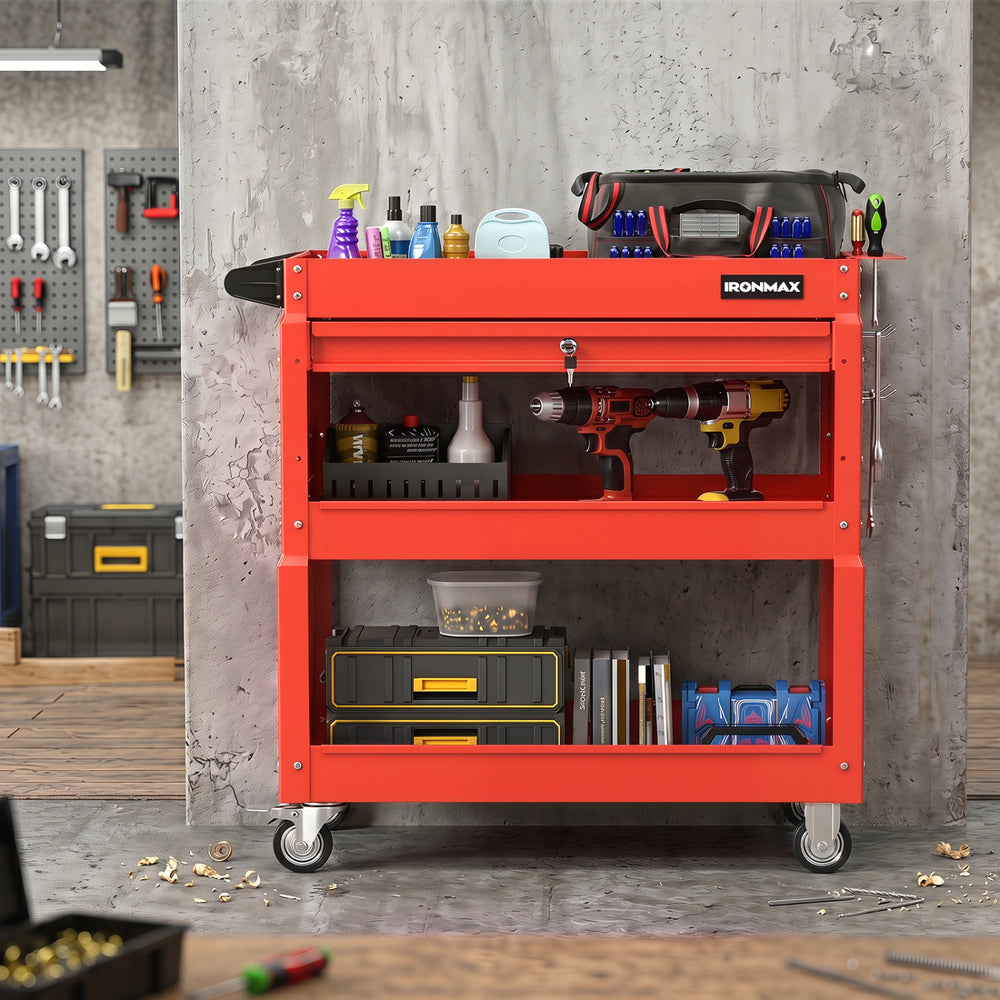 3 Tier Rolling Tool Cart with Lockable Drawer for Garage and Workshop-Red - Gallery View 1 of 10