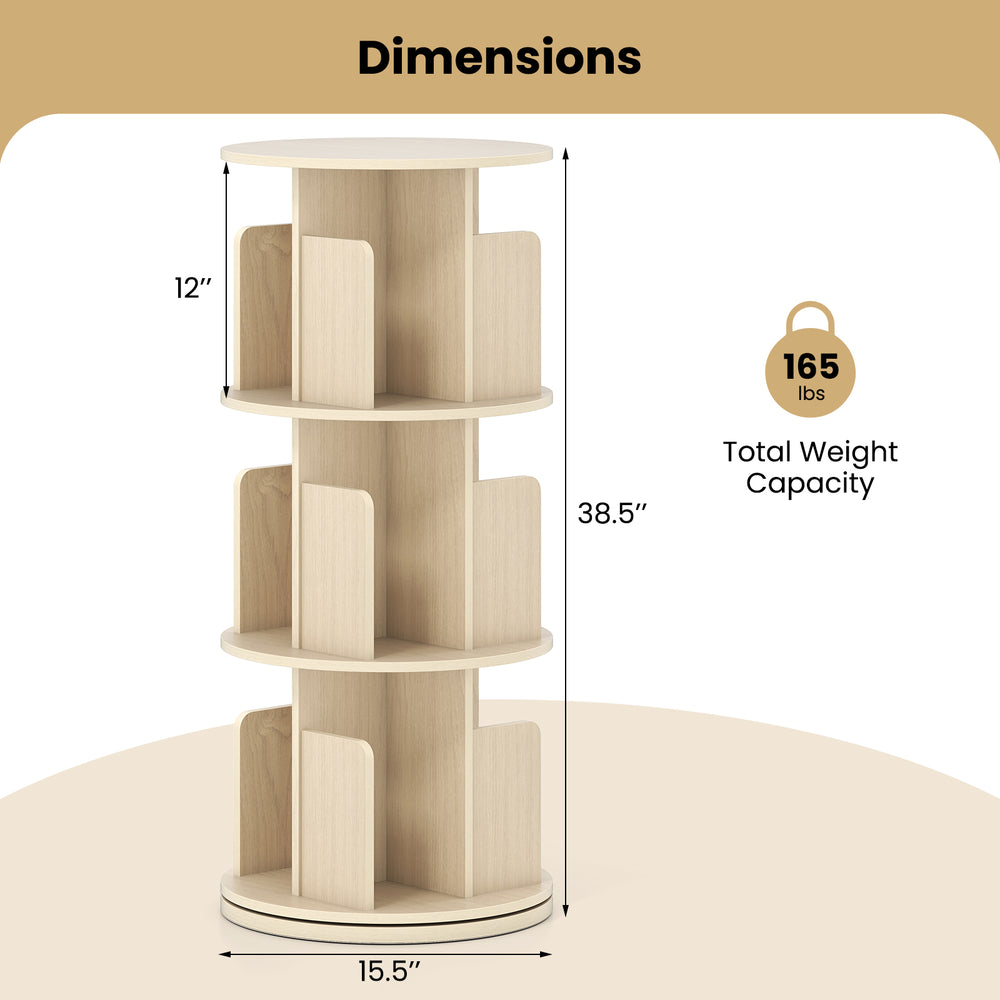 3-tier rotating bookshelf in natural finish with dividers, 360° swivel, and anti-falling baffles for organized storage.