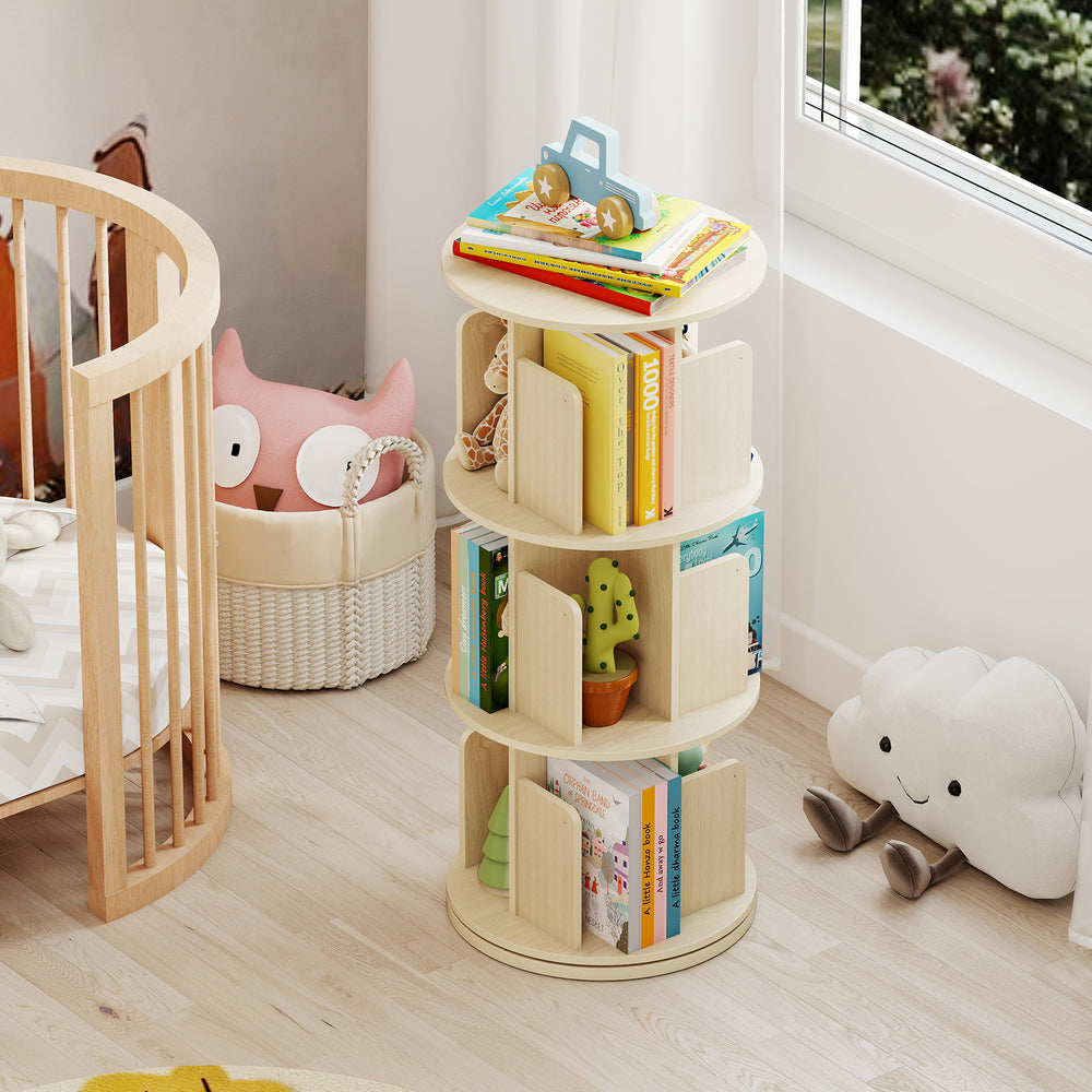 3-tier rotating bookshelf in natural wood with dividers and anti-falling baffles for organized storage in kids' room.