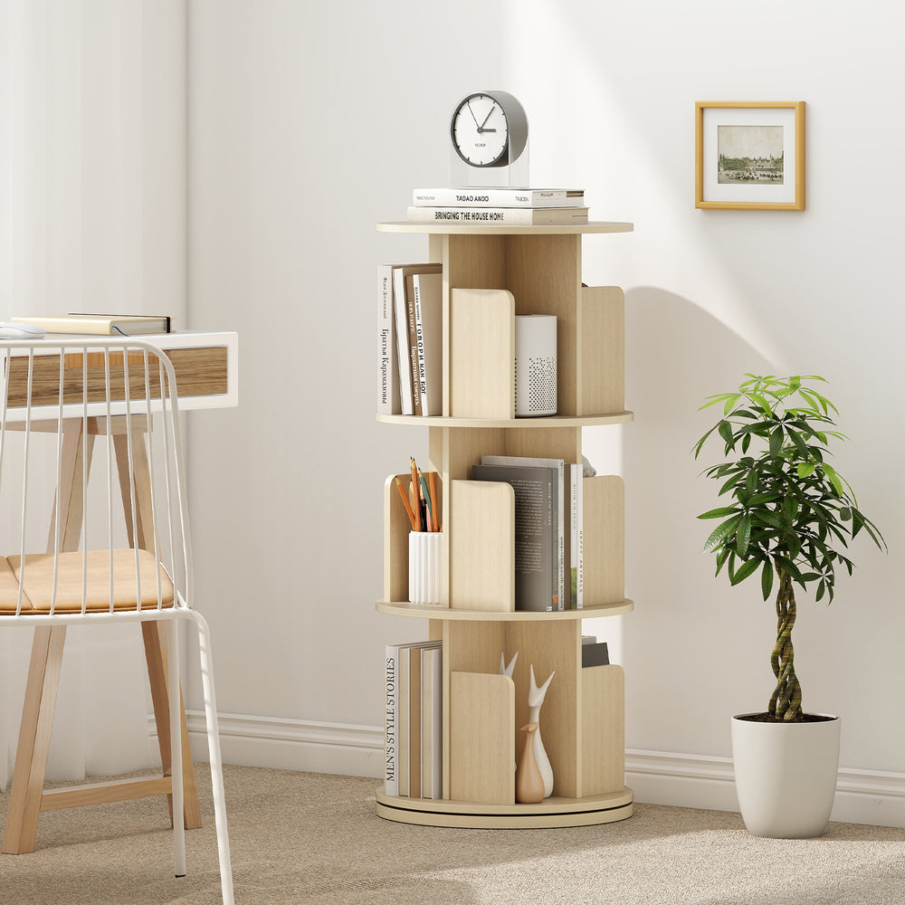3-tier rotating bookshelf in natural finish with dividers and anti-falling baffles for organized storage in any space.