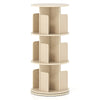 Natural 3-tier rotating bookshelf showcasing open shelves and rounded baffles for versatile, organized storage.