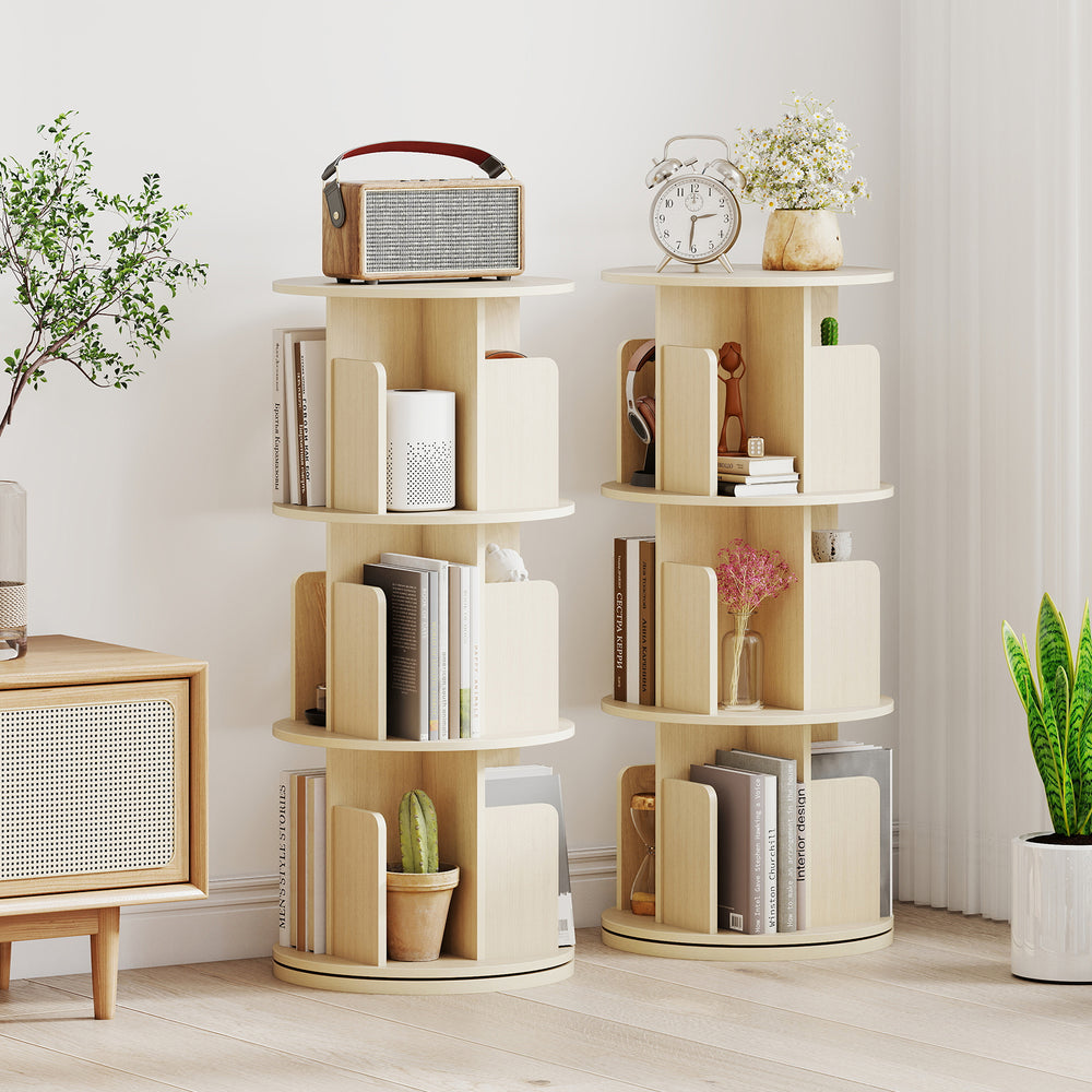 3-tier rotating bookshelf in natural finish with dividers and anti-falling baffles, ideal for organized storage.