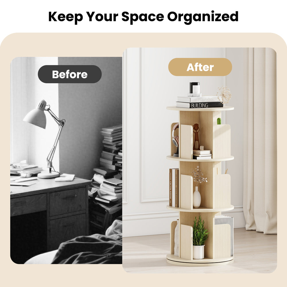 360° rotating natural 3-tier bookshelf with open shelves and dividers, perfect for displaying books and decorative.