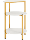 3-tier round end table with white surfaces and gold metal frame, ideal for small spaces and bedroom organization.