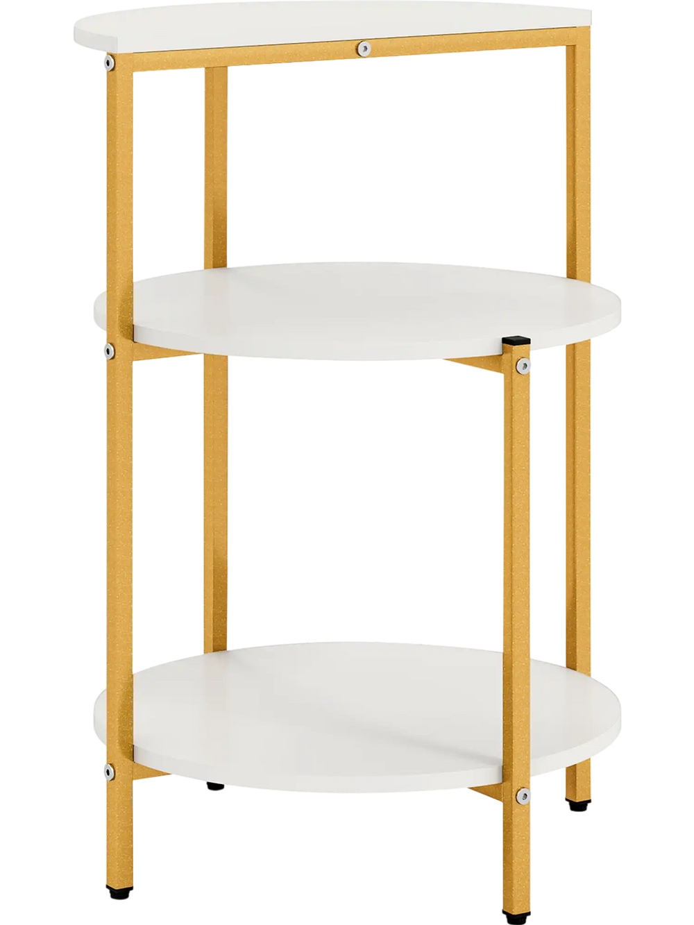3-tier round end table with white surfaces and gold metal frame, ideal for small spaces and bedroom organization.
