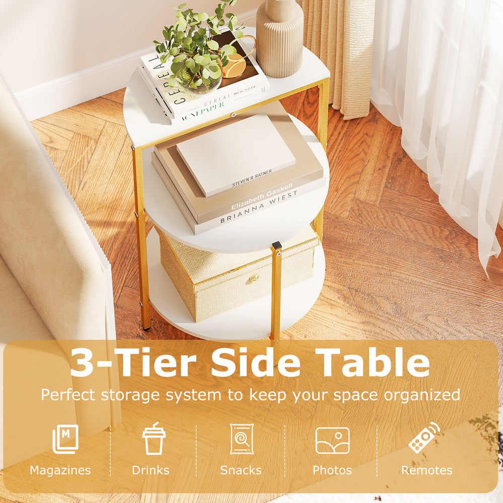 3-tier round end table with gold metal base, ideal for organizing magazines, drinks, and snacks in small spaces.
