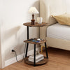 3-tier round end table with a rustic brown finish and built-in charging station, perfect for living room or bedroom use.
