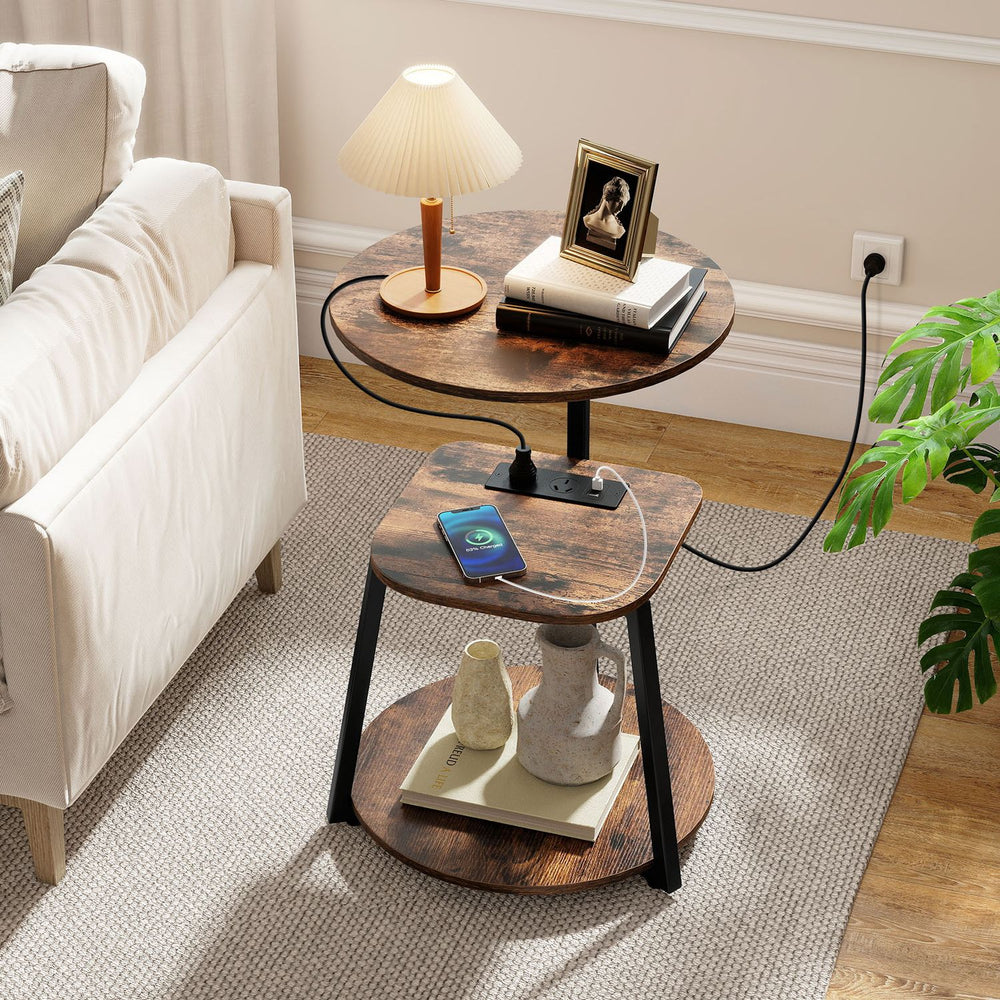 Three-tier round end table with a rustic brown finish and built-in charging station for convenient living room storage.