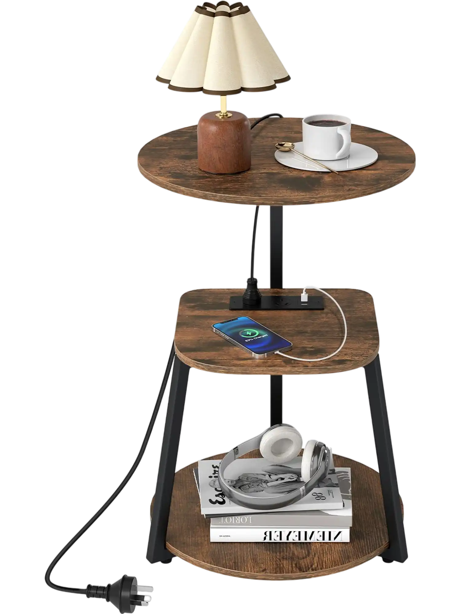 Costway 3-Tier Round End Side Table with Charging Station Metal Frame 72161178 New