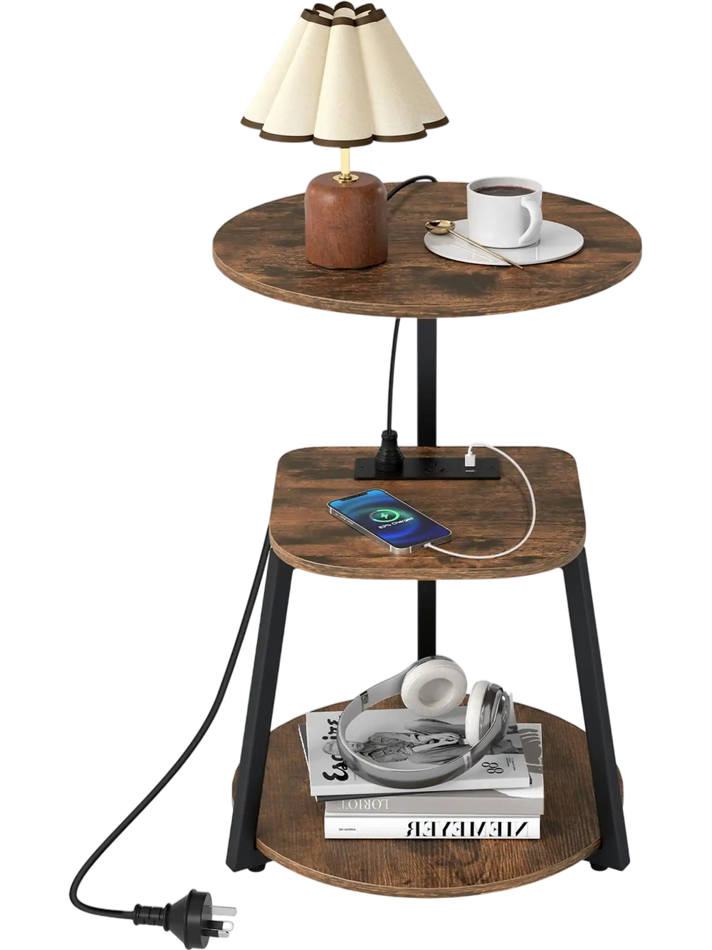 3-tier round end table with a rustic brown finish, built-in charging station, and heavy-duty metal frame for versatile storage.
