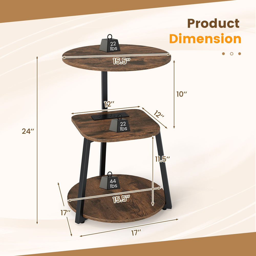 3-tier round end table with a rustic brown finish and built-in charging station for convenient living room storage.