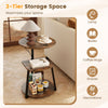 3-tier round end table with a rustic brown finish, featuring a built-in charging station for convenient device access.