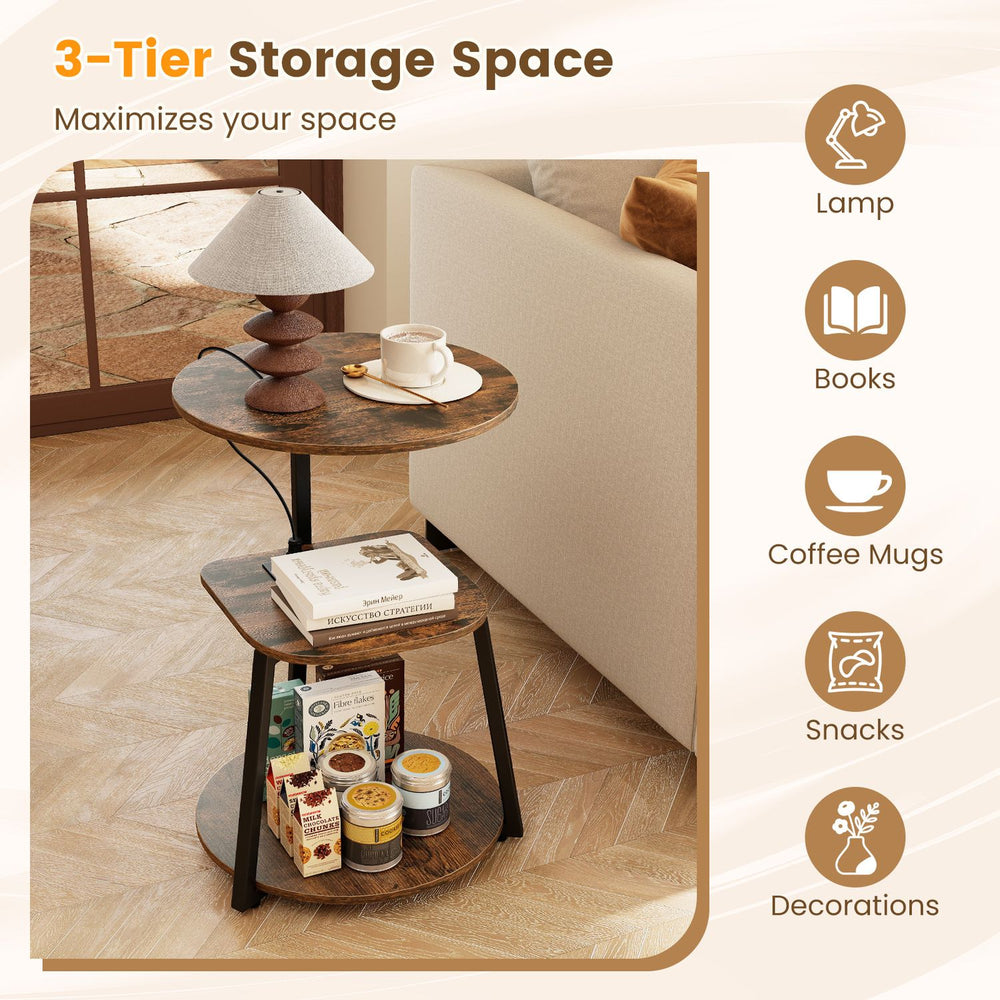 3-tier round end table with a rustic brown finish, featuring a built-in charging station for convenient device access.