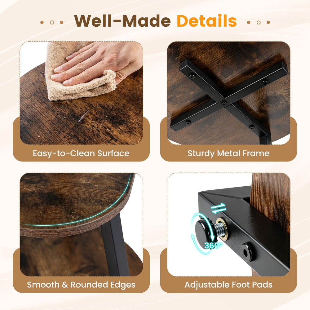 3-tier round end table with a sturdy metal frame, easy-to-clean surface, and adjustable foot pads for stability.