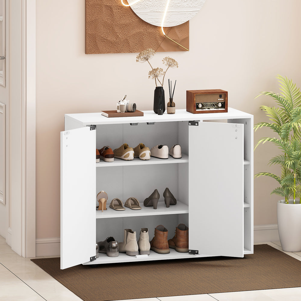 3-tier white shoe cabinet with doors and adjustable shelves, ideal for entryway storage and organization.