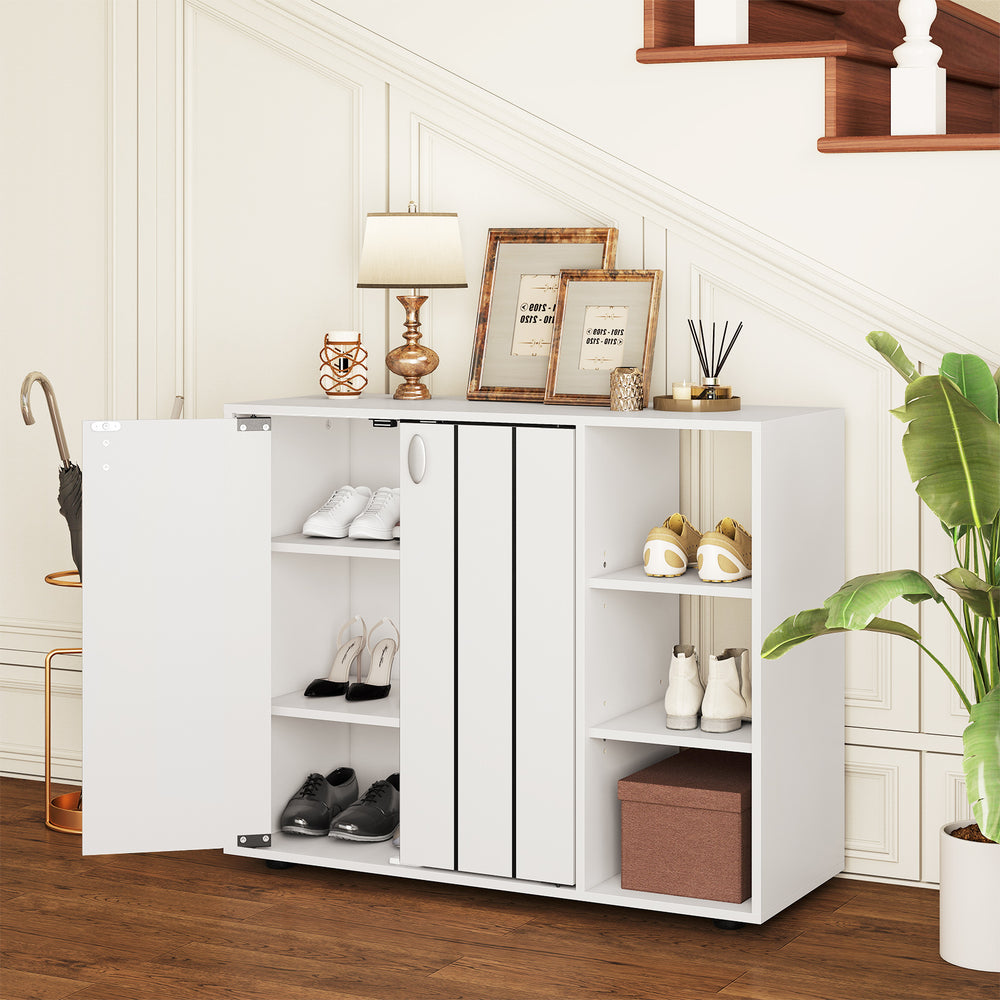 3-tier white shoe cabinet with doors and adjustable shelves, ideal for organizing shoes in an entryway.