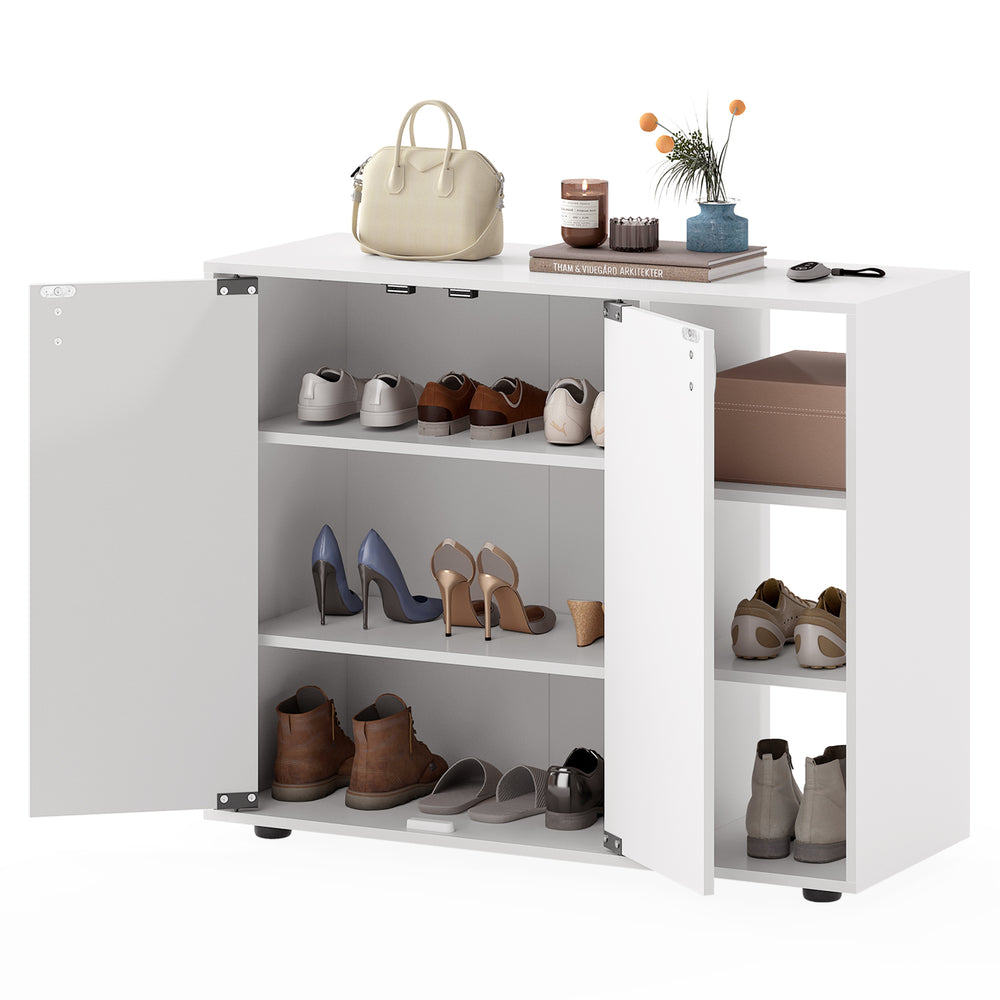3-tier white shoe cabinet with adjustable shelves, featuring doors and ample storage for organized entryway use.