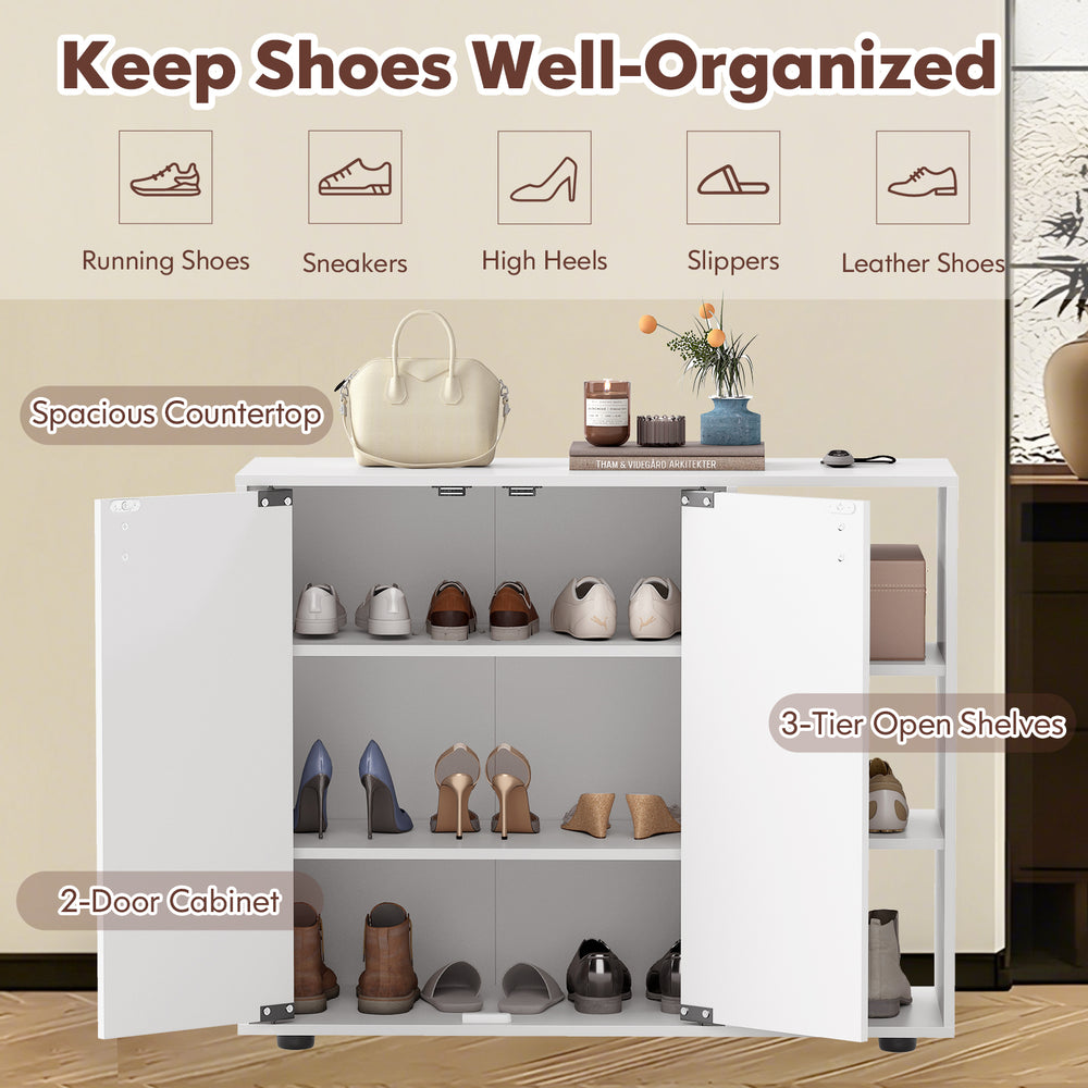 3-tier shoe cabinet in white with adjustable shelves, featuring a 2-door design for organized shoe storage in entryway.
