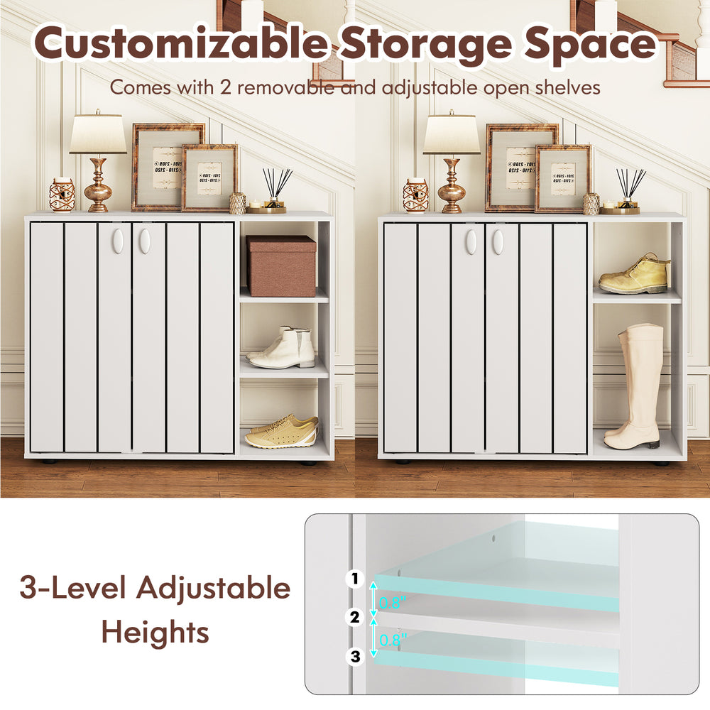 3-tier white shoe cabinet with doors and adjustable open shelves for organized entryway storage.