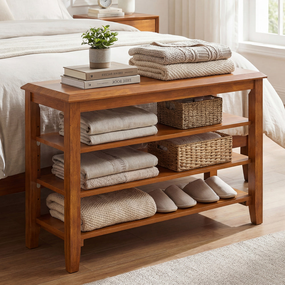 3-tier shoe rack bench in brown with adjustable shelves, perfect for entryway organization and stylish seating.