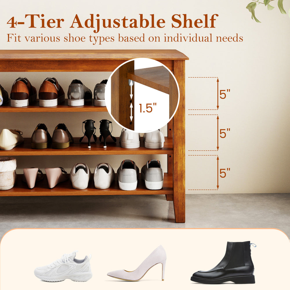 3-tier shoe rack bench in brown with adjustable shelves, perfect for organizing shoes in entryway or living room.