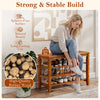 3-tier shoe rack bench in brown with adjustable shelves, made of solid rubber wood for entryway organization.
