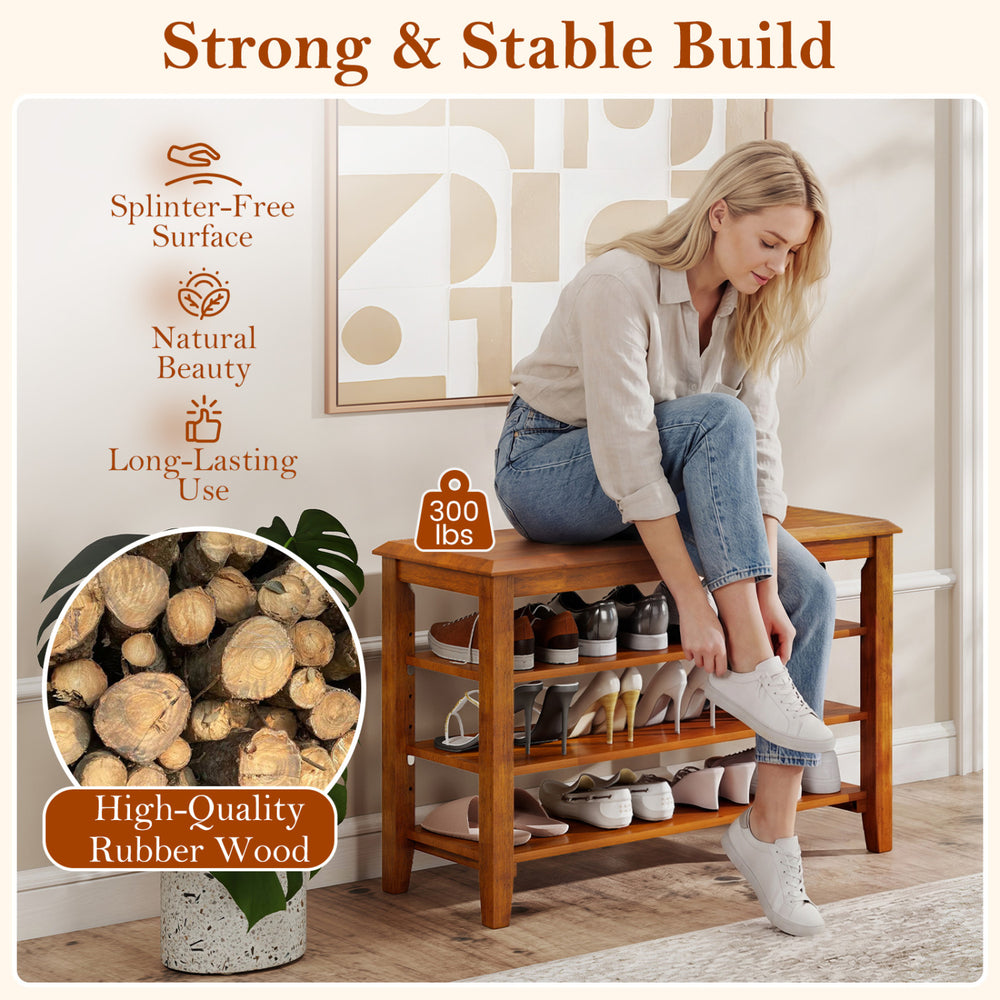 3-tier shoe rack bench in brown with adjustable shelves, made of solid rubber wood for entryway organization.