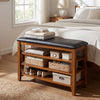 3-tier shoe rack bench in brown with adjustable shelves and soft cushion, perfect for entryway or living room use.