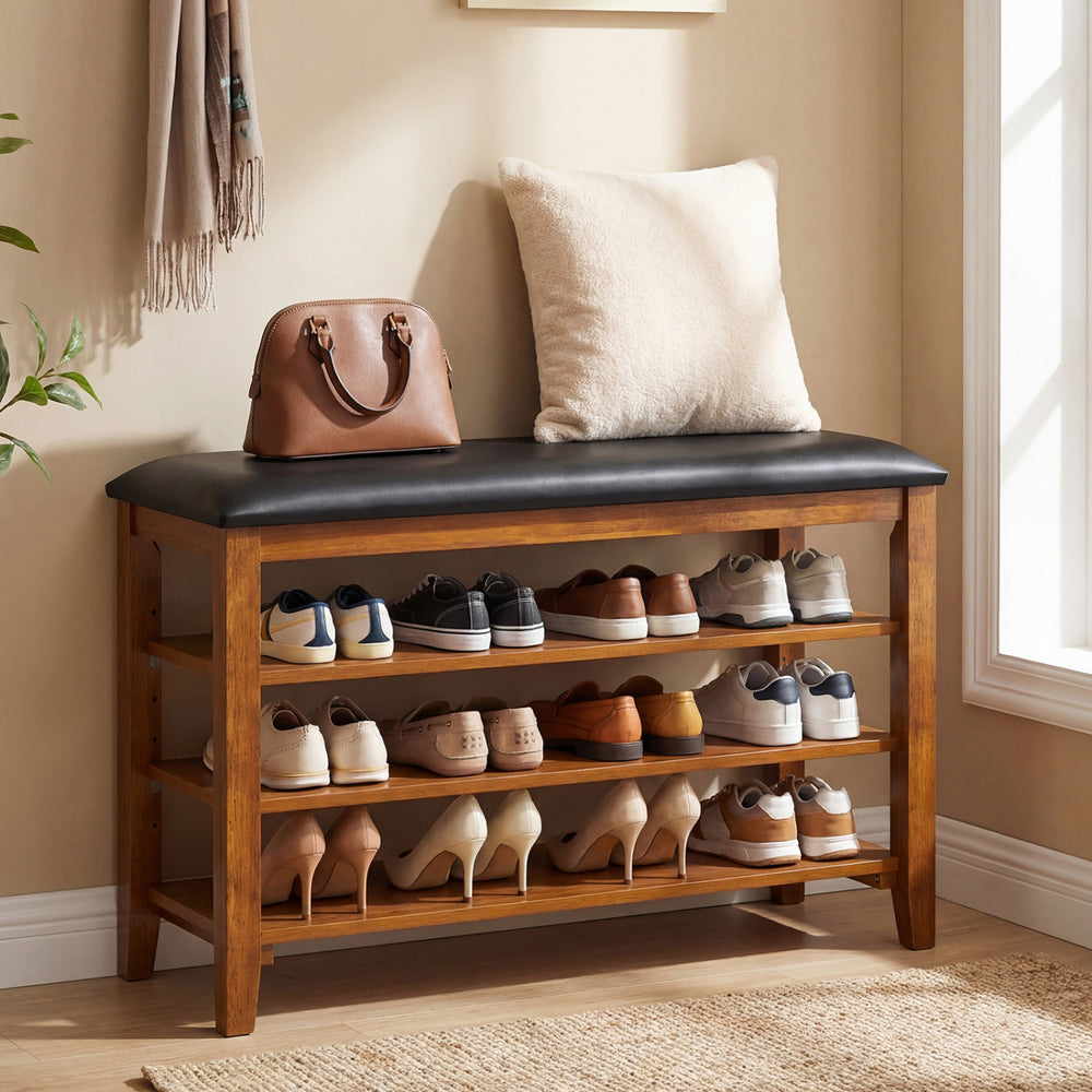 3-tier shoe rack bench with adjustable shelves, soft cushion, and natural wood finish for entryway organization.
